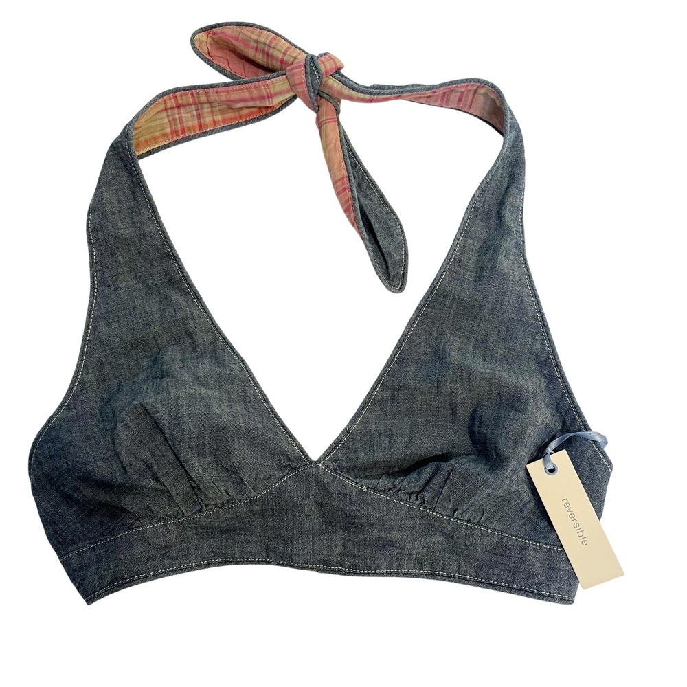 NEW Gap Reversible Halter Crop Top XS Blue Chambray Pink Plaid Boho Vintage 2007